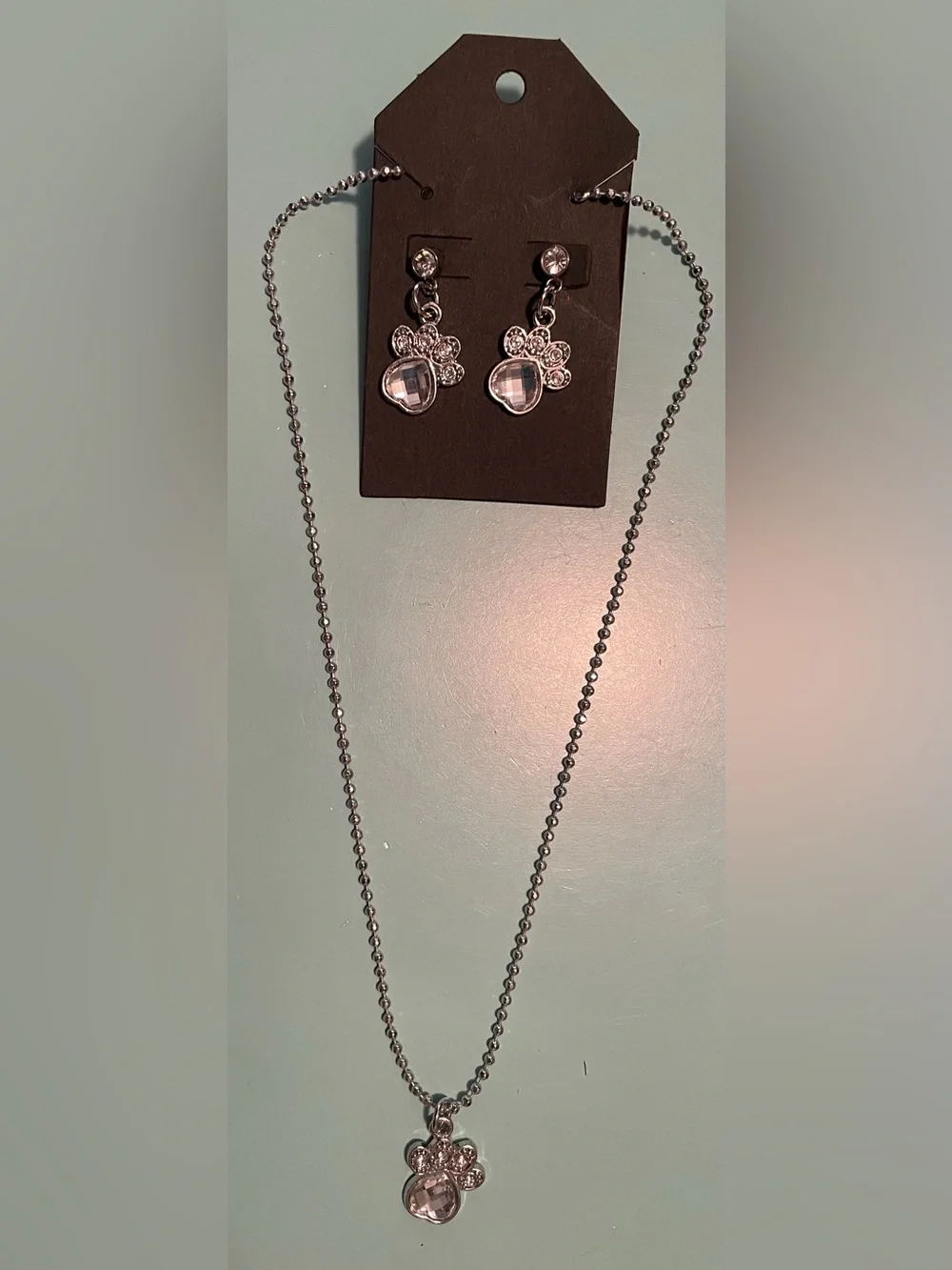 Crystal Paw Pendant Necklace and Earrings Set - Silver Tone
